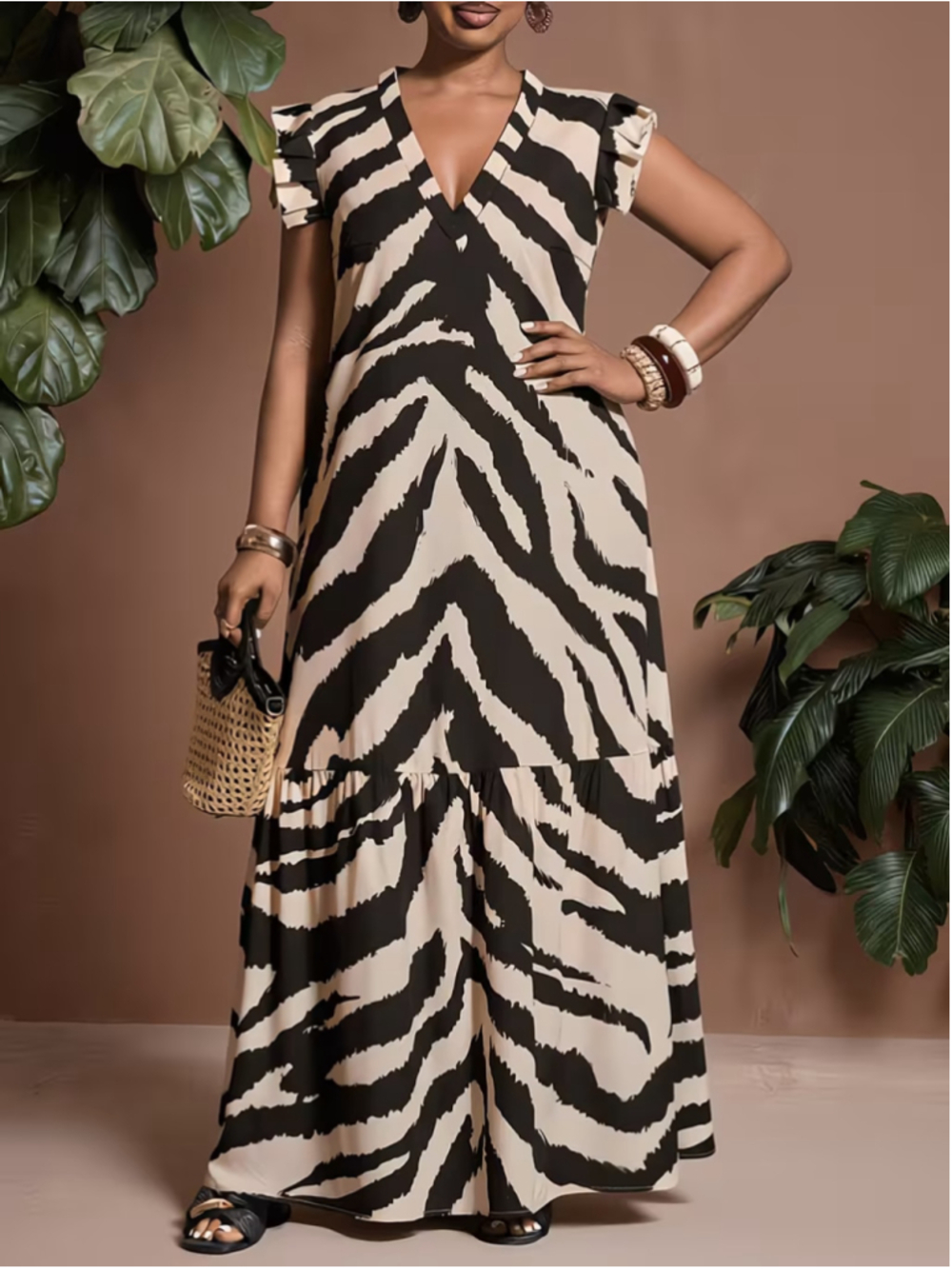 Osadia Plus Size 3X Zebra Print Maxi Dress Ruffle Sleeve V Neck Polyester Boho - Picture 3 of 8